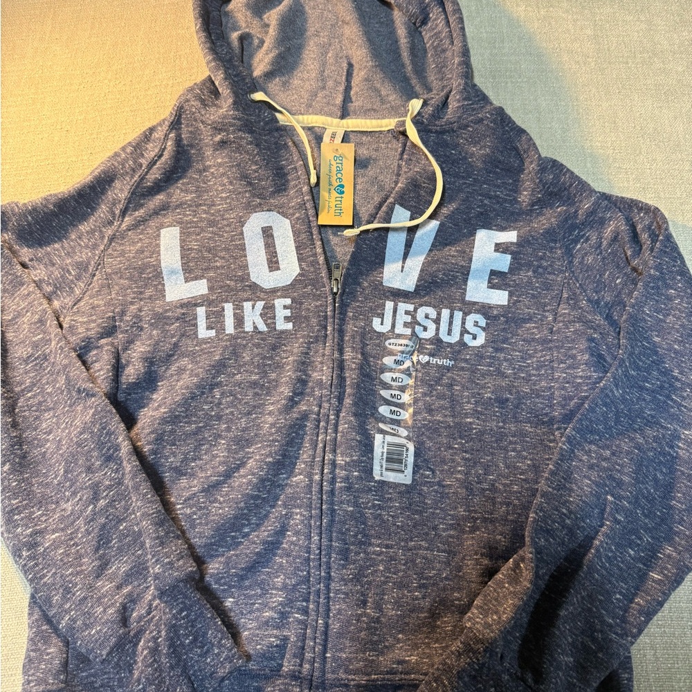 Jerzees Navy Blue Zip-Up Hoodie with White Tag Detail